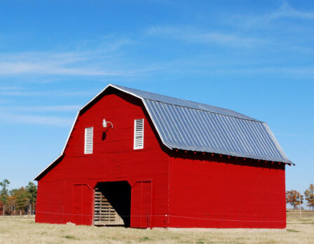 Bright red barn with a gray metal roof.